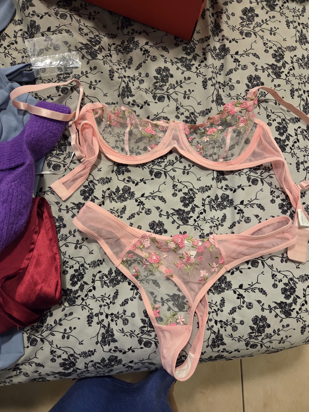 SHEIN Pink Sheer Floral Embroidered Underwire Bra & Thong Set